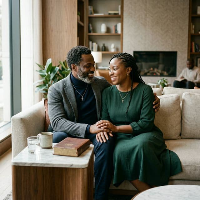 Mature Black faith-centered couple in a calm, elegant setting
