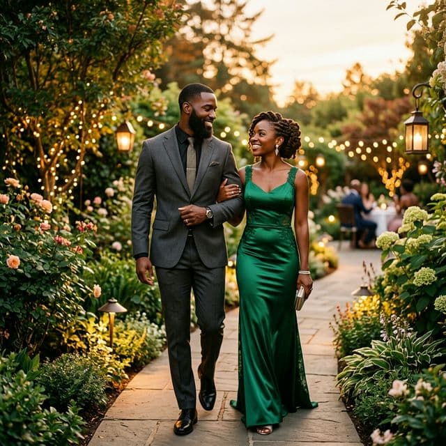 A couple walking together through a garden at dusk